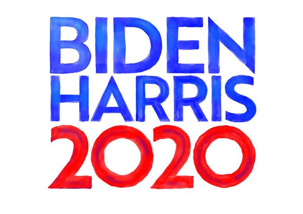 Акварельная иллюстрация американского президента и кандидата в вице-президенты США демократа Джо Байдена и Камалы Харрис со словами Байден Харрис 2020.