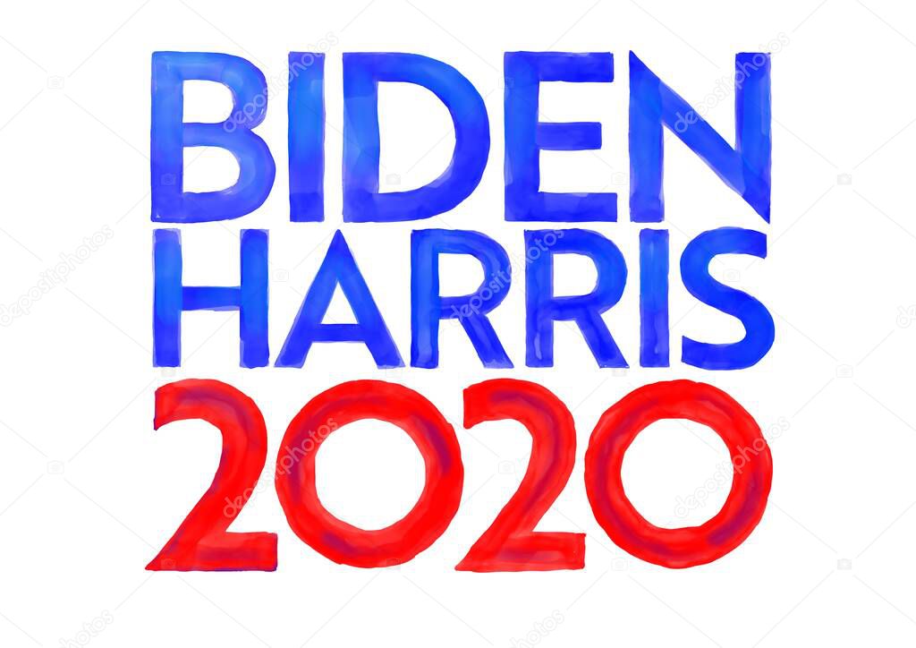 Aug 25, 2020, AUCKLAND, NEW ZEALAND: Watercolor illustration of American president and vice president candidate for US election Democrat Joe Biden and Kamala Harris ticket with words Biden Harris 2020.