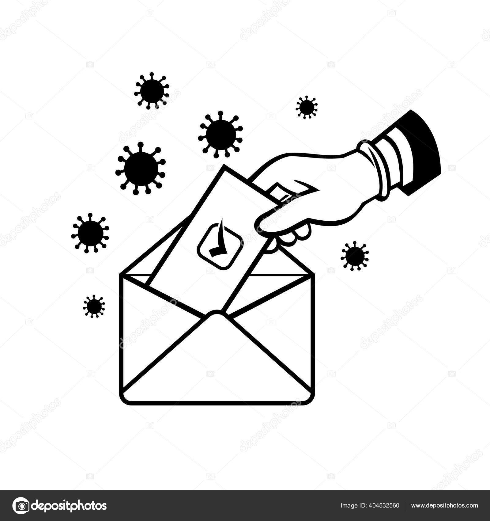 パンデミック時の手袋の手の投票でアメリカの有権者のレトロなスタイルのイラストcovid 19コロナウイルスのロックダウン黒と白で郵便投票封筒の中に投票や投票を入れて ストックベクター C Patrimonio