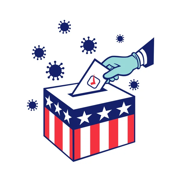 倒行逆施的图例 一个美国选民在大流行病 考维德 手握手套投票 把选票放进装有美国明星和条纹旗的投票箱 在孤立的背景下投票 — 图库矢量图片