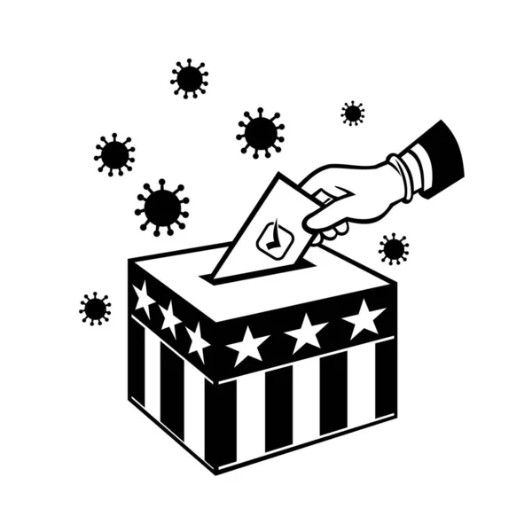 パンデミック時の手袋の手の投票でアメリカの有権者のレトロなスタイルのイラストCovid 19コロナウイルスのロックダウン黒と白でアメリカの星とストライプのフラグで投票箱に入れ — ストックベクタ