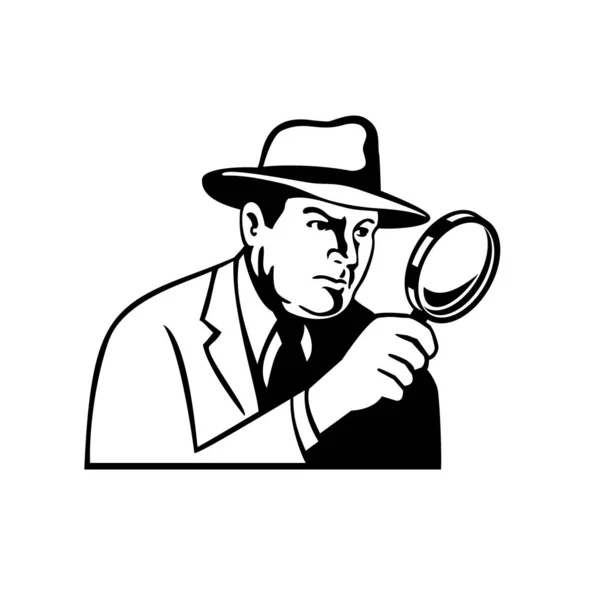 Ilustración Plantilla Detective Inspector Detective Privado Investigador Mirando Través Lupa — Vector de stock