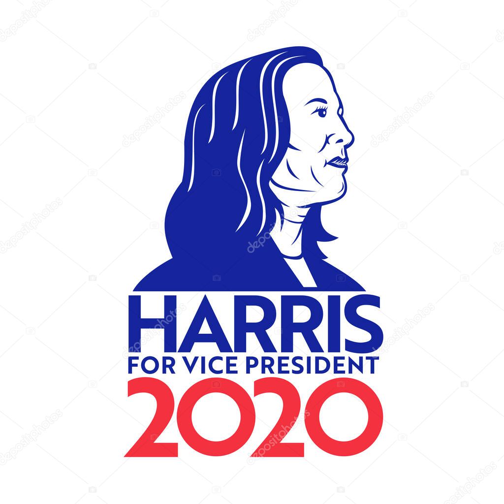 Aug 30, 2020, AUCKLAND, NEW ZEALAND: Illustration of American senator and vice president candidate, Democrat Kamala Harris for US election with words Harris for Vice President 2020 in retro style.