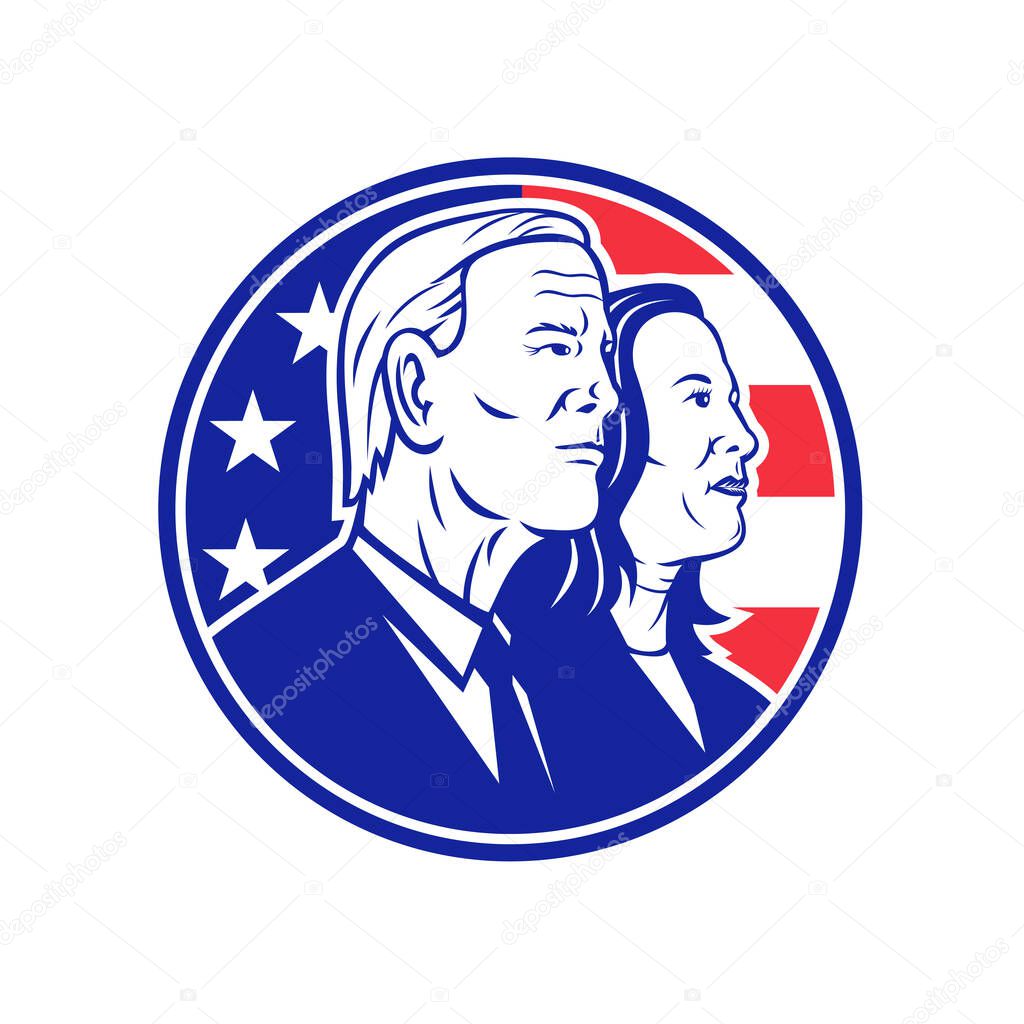 Aug 31, 2020, AUCKLAND, NEW ZEALAND: Illustration of American president and vice president candidate for 2020 US election Democrat Joe Biden and Kamala Harris with USA flag circle done in retro style.