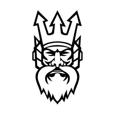 Yunan dininde ve mitolojisinde Deniz Tanrısı kızgın Poseidon 'un ya da Neptün' ün maskotunun resmi. Arka planda izole edilmiş arka planda üç çatallı bir taç takıyor..