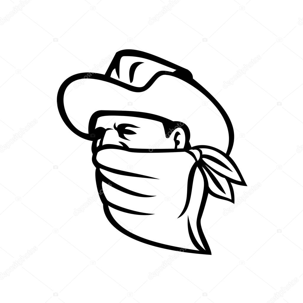 Mascot illustration of a cowboy bandit, outlaw, highwayman, maverick or robber wearing a face mask, face covering or bandana looking to side on isolated background in retro black and white style.