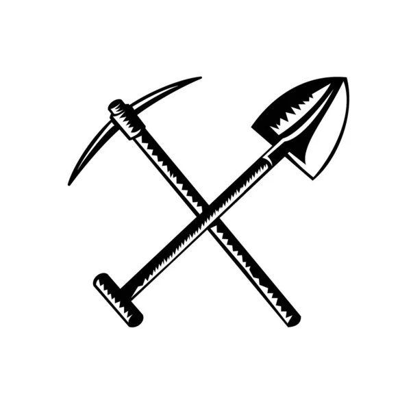 Retro Woodcut Style Illustration Crossed Spade Shovel Mining Pick Pickaxe — Stock Vector