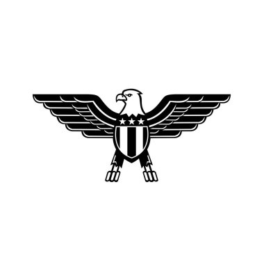 Kanatları açık kel bir kartalın maskot çizimi ve Amerikan ya da Amerikan yıldızları ve çizgili yıldızlar göğüste ön planda izole edilmiş arka planda retro tarzında gösterilen bayrak..