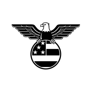 Amerikan ya da Amerikan yıldızlarına ve çizgilerine tutunan kanatlı kel bir kartalın maskot çizimi ön taraftan izole edilmiş arka planda izole edilmiş bir şekilde görülen bayrak şeklinde..