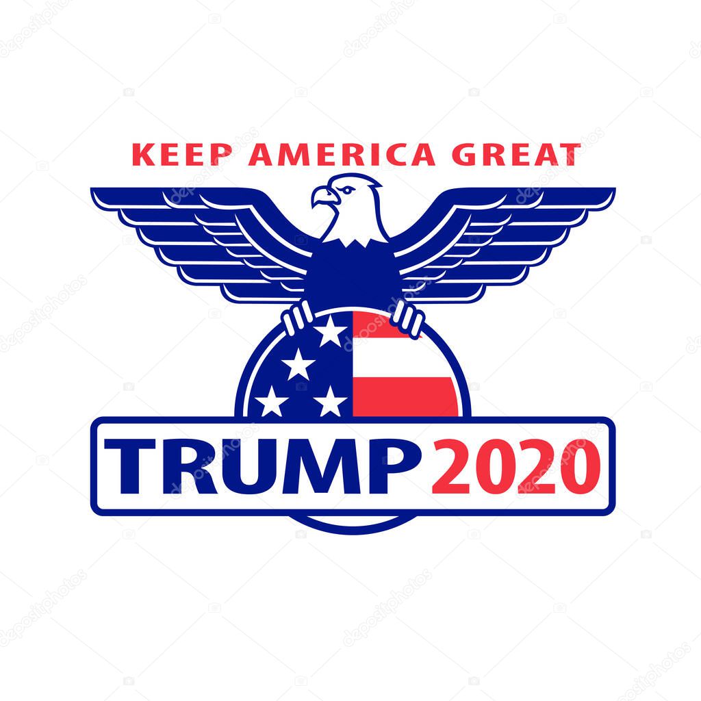 Sep 4, 2020, AUCKLAND, NEW ZEALAND: Illustration of Republican Donald Trump campaign ticket for American president in US election with words Keep America Great Trump 2020 with bald eagle wings spread.