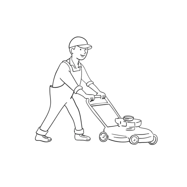 Cartoon Style Illustration Gardener Mowing Lawn Lawnmower Lawn Mower Viewed — Stock Vector