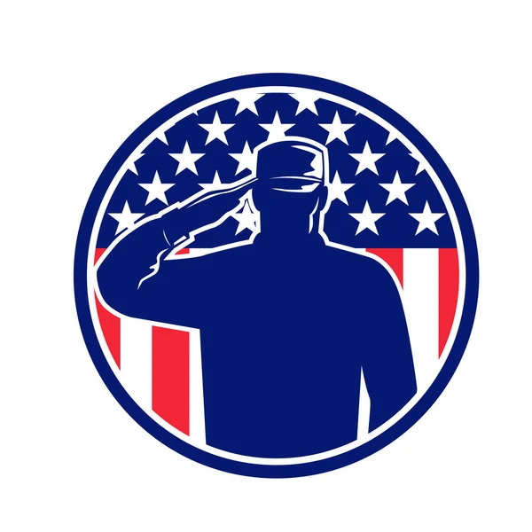 Ilustración Estilo Retro Soldado Veterano Estadounidense Militar Que Saluda Las — Vector de stock
