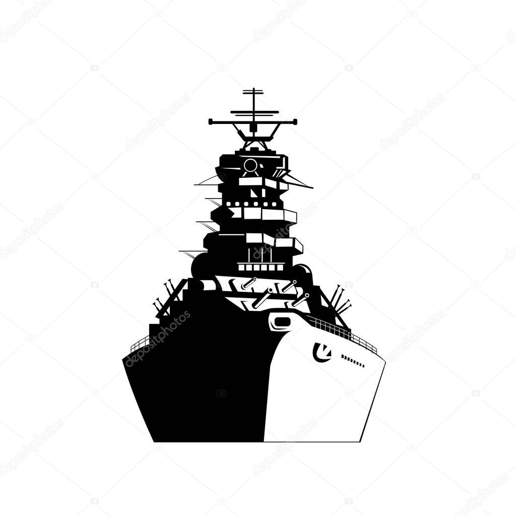 Retro style illustration of an American or United States battleship, warship, dreadnought, naval fighting ship viewed from the front on isolated background done in black and white.