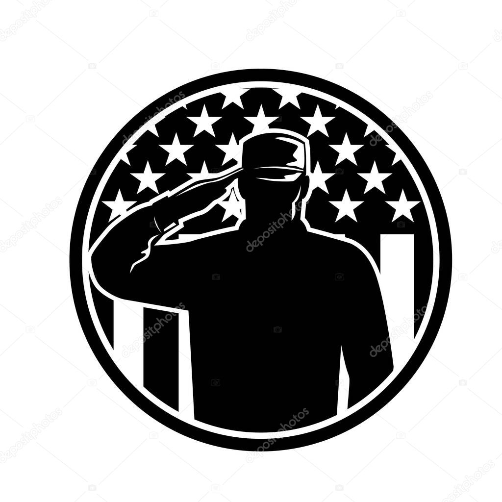 Retro style illustration of an American veteran soldier or military serviceman personnel saluting the USA stars and stripes flag set inside circle on isolated background done in black and white.