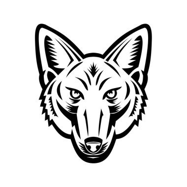 Bir Çakal 'ın başının maskot siyah-beyaz çizimi ya da bazen Amerikan çakalı olarak adlandırılan arka planda izole edilmiş eski ahşap kesim tarzı..