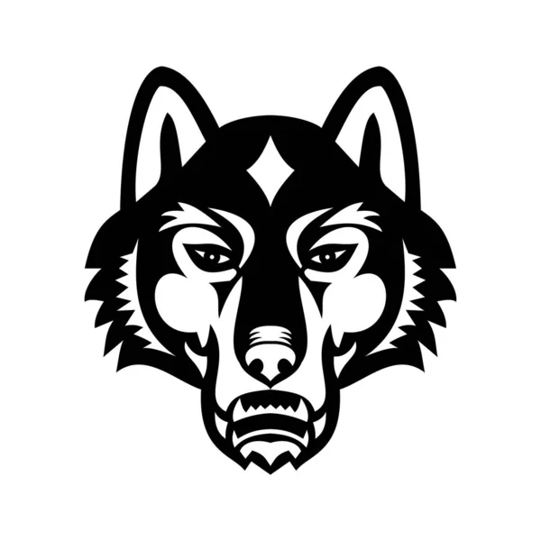 灰狼头像的吉祥物黑白相间的图画 也被称为木狼或西方狼 从正面以复古风格从孤立的背景来看 — 图库矢量图片