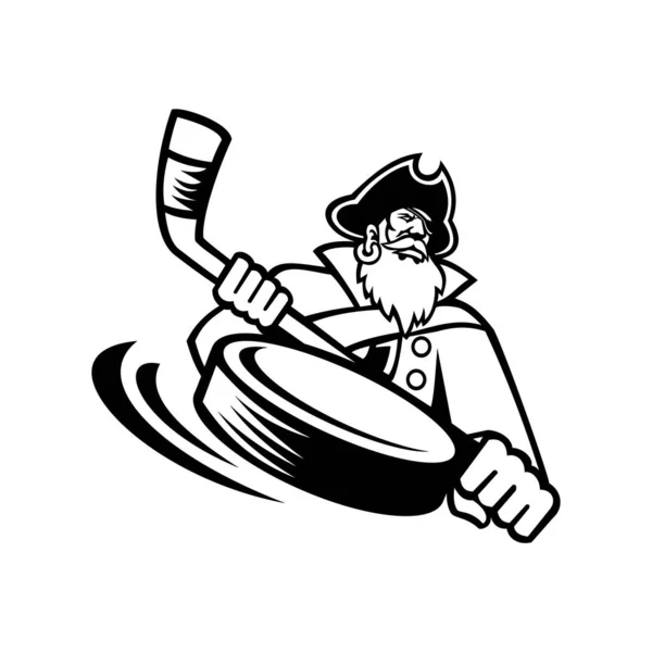 吉祥物上的图解是一个带着圆滑曲棍球棒和冰球的虚张声势者 私人或海盗 从正面以复古的黑白风格在孤立的背景下观看 — 图库矢量图片