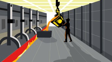 Alüminyum metal dökümhanesi fabrikasında çalışan bir dökümhane işçisinin çalışma projesi yönetiminde veya federal sanat projesi tarzında Retro WPA çizimi.