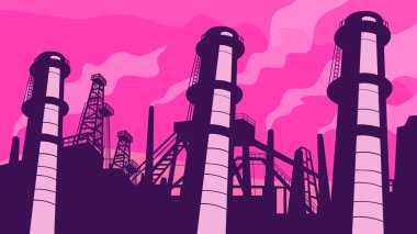 Çalışma projesi yönetiminde veya federal sanat projesi tarzında bir doğal gaz rafinerisi veya fabrikasının Retro WPA illüstrasyonu.