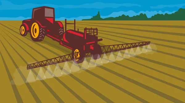 Retro WPA illustration of a tractor with fertilizer tank spraying chemical in farm field done in works project administration or federal art project style.