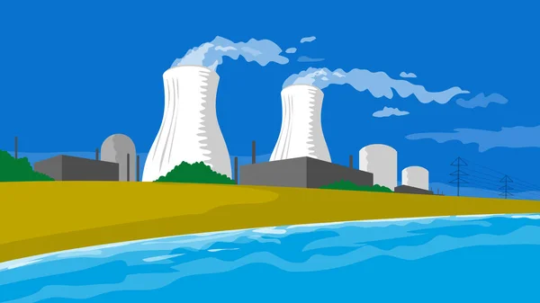 Retro Wpa Illustratie Van Een Kernreactor Gelegen Buurt Van Een — Stockfoto