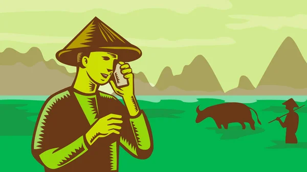 Retro Wpa Illustration Vietnamesisk Eller Sydostasiatisk Bonde Som Använder Mobiltelefon — Stockfoto