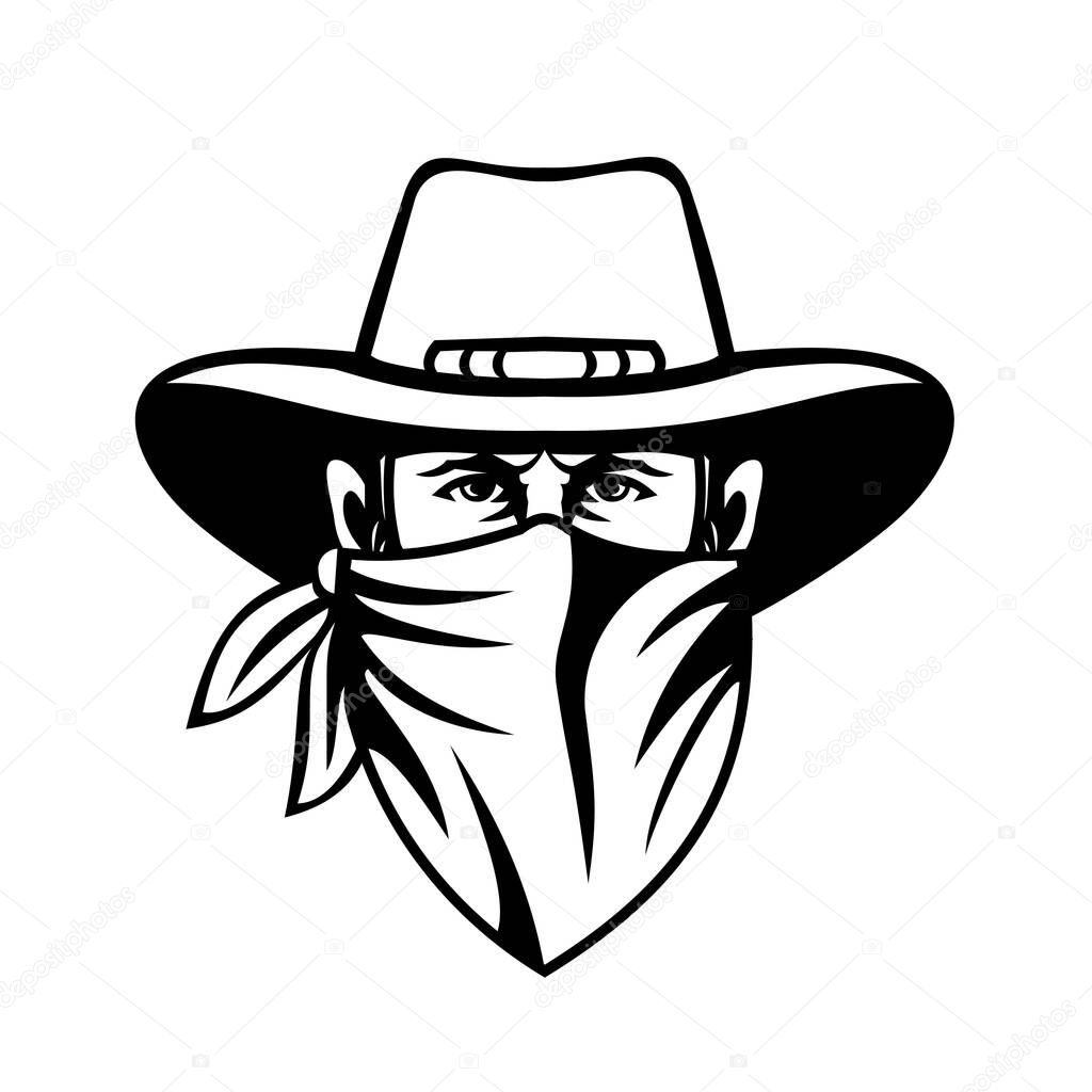 Mascot  black and white illustration of head of a cowboy, bandit, outlaw, maverick, highwayman or bank robber wearing face mask or bandana viewed from front in retro style.