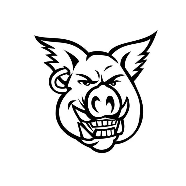 Maskottchen Schwarz Weiße Illustration Des Kopfes Eines Rosafarbenen Wildschweins Wildschweins — Stockvektor