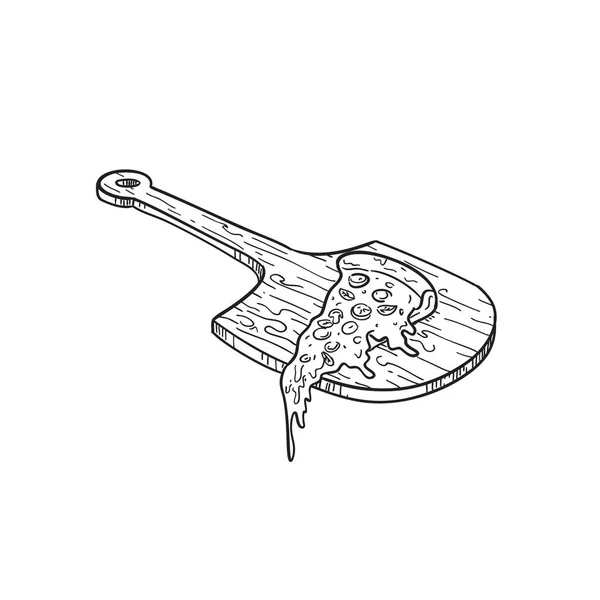 Disegno Bianco Nero Schizzo Illustrazione Tagliere Legno Pizza Buccia Con — Vettoriale Stock