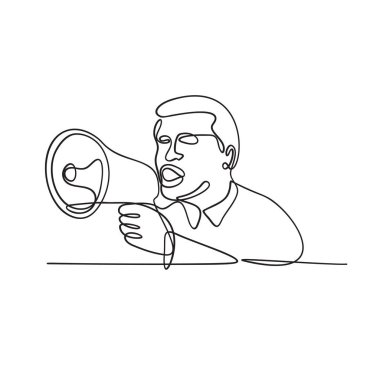 Continuous line drawing illustration of a male activist or protester shouting with bullhorn, megaphone, loudhailer or loudspeaker viewed from front done in black and white sketch or doodle style.  clipart