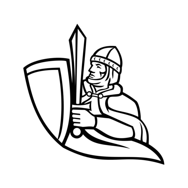 Mascota Ilustración Busto Rey Medieval Caballero Empuñando Una Espada Escudo — Vector de stock