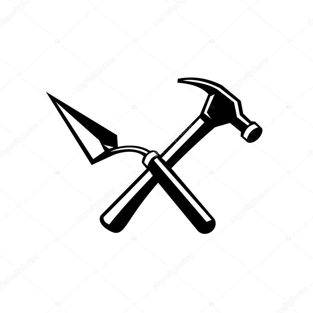 Retro style illustration of crossed masonry or brick trowel and hammer on isolated background done in black and white.