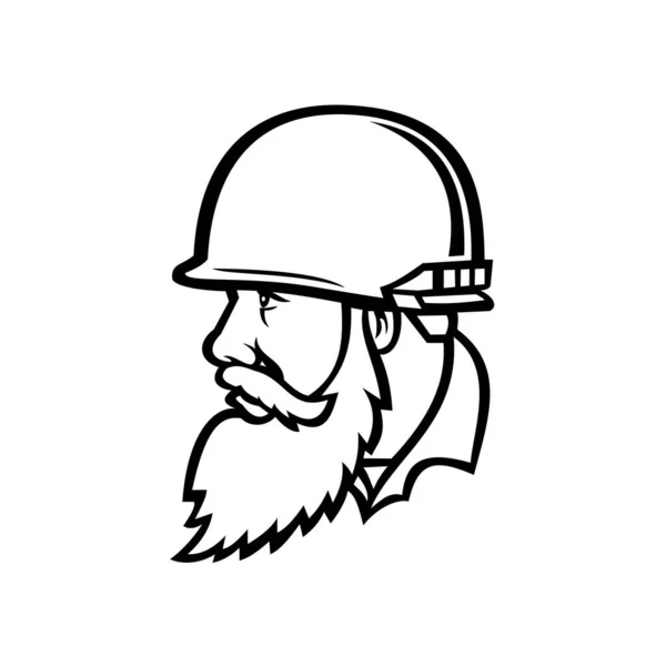 ベトナム戦争の頭部のマスコットイラストレトロな黒と白のスタイルで隔離された背景の側面から見た側を探してフル髭で戦闘ヘルメットを身に着けているアメリカの兵士 — ストックベクタ