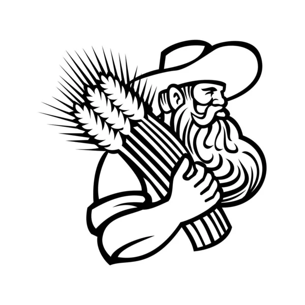 Mascote Ilustração Preto Branco Cabeça Agricultor Grãos Orgânicos Agricultor Trigo —  Vetores de Stock
