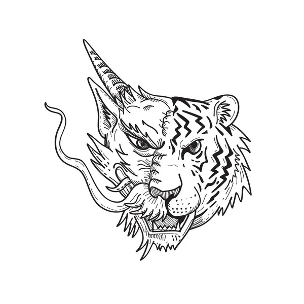흰색으로 그려진 배경에서 앞에서 바라본 중국용 벵골호랑이의 머리를 스케치 스타일 — 스톡 벡터