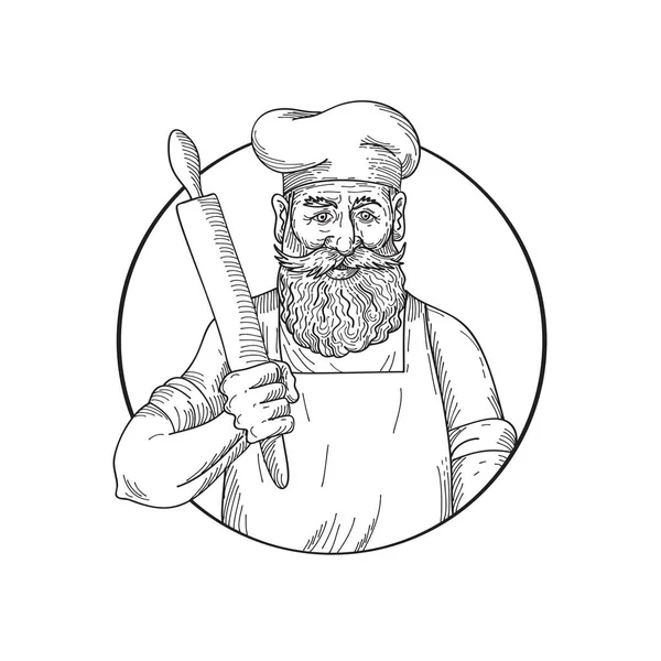 Dibujo Ilustración Estilo Boceto Panadero Hipster Con Barba Completa Sosteniendo — Vector de stock