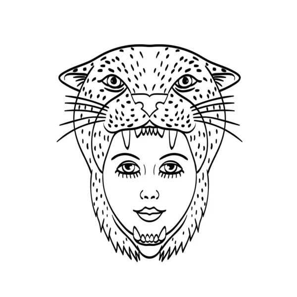 黒と白で行われた正面から見たジャガーのヘアアドレスを身に着けているアマゾン戦士の頭の入れ墨スタイルのイラスト — ストックベクタ