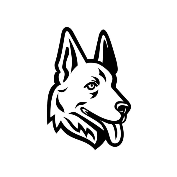 ドイツの羊飼いやアルザスのオオカミ犬の頭のマスコットのイラストは レトロな黒と白のスタイルで隔離された背景に側面から見た — ストックベクタ