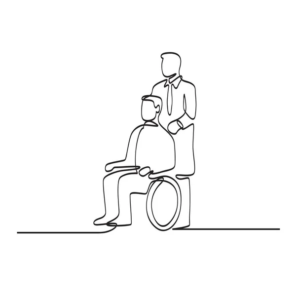 黒と白のモノラインスタイルで行われた医師や看護師の介護者と車椅子に座って患者の継続的なラインイラスト — ストックベクタ