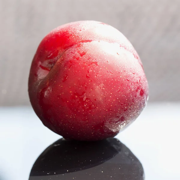 Red Plum Natural Light Black Reflecting Surface Square Image — Stock Photo, Image