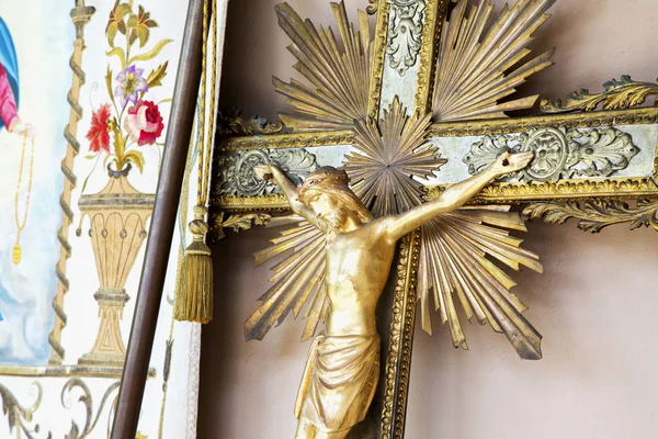 Crucifixo Velho Dourado Madeira Detalhe Imagem Horizontal — Fotografia de Stock