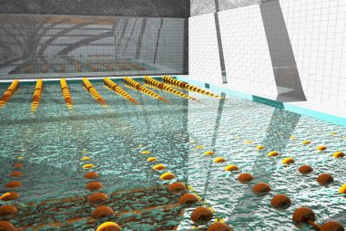 Yüzme havuzu güneşin altında ikiye bölünmüş, 3 boyutlu.