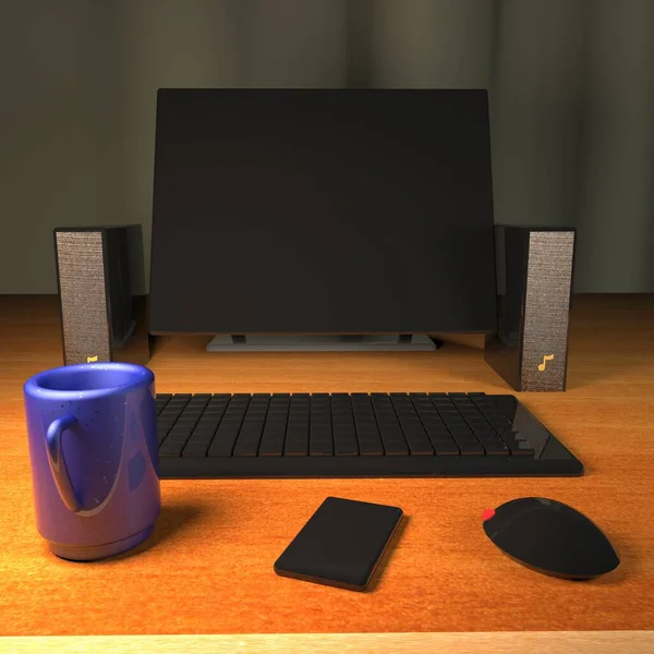Bilgisayarı Akıllı Telefonu Fincanı Olan Masası Görüntüleme — Stok fotoğraf