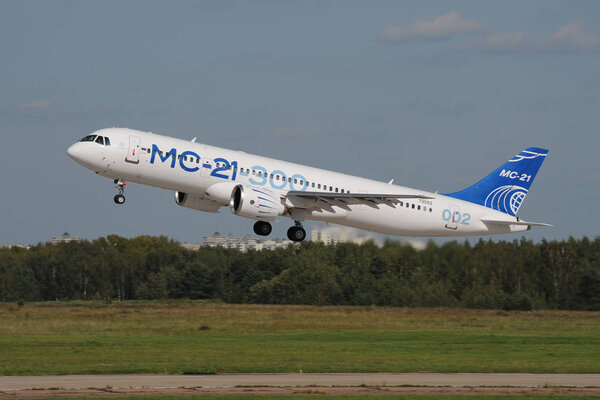 Demonstration flight russian single-aisle twinjet airlineras Irkut MC-21 part of the international air show MAKS-2019 in Zhukovsky, Russia