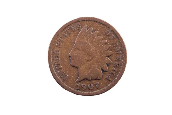 United States Penny Coin 1907 Indian Head White Background — Stock Photo, Image