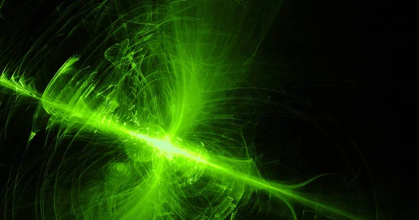 緑の線で抽象的なデザイン カーブ暗い背景上の粒子 — ストック写真