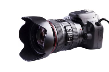 Beyaz arka plan dijital Single-Lens Reflex geniş açı zum objektif kameraya 