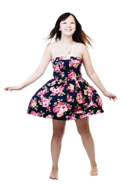 Young Chinese American Woman Twirling Floral Dress White Background — ストック写真