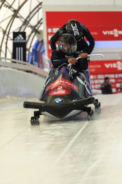 Calgary Kanada, 21 Aralık 2014: Fibt Viessmann yarış kızağı ve iskelet Dünya Kupası Calgary Olympic Park '.