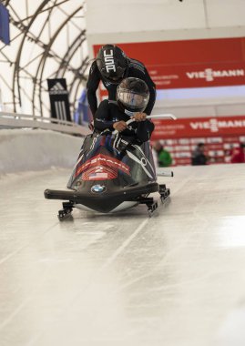 Calgary Kanada, 21 Aralık 2014: Fibt Viessmann yarış kızağı ve iskelet Dünya Kupası Calgary Olympic Park '.